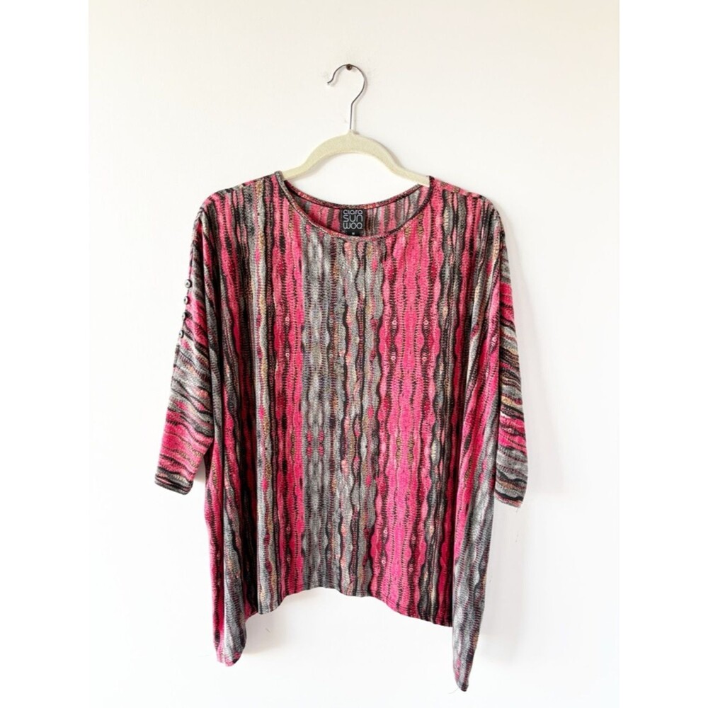 Clara Sunwoo Red Grey Abstract Stripe Dolman 3/4 Button Sleeve Tunic Top M